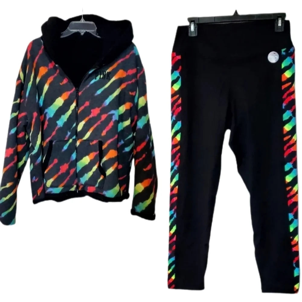 Victoria's Secret PINK Zebra Black Ombre Rainbow Tie Dye Sherpa Set - Picture 1 of 15